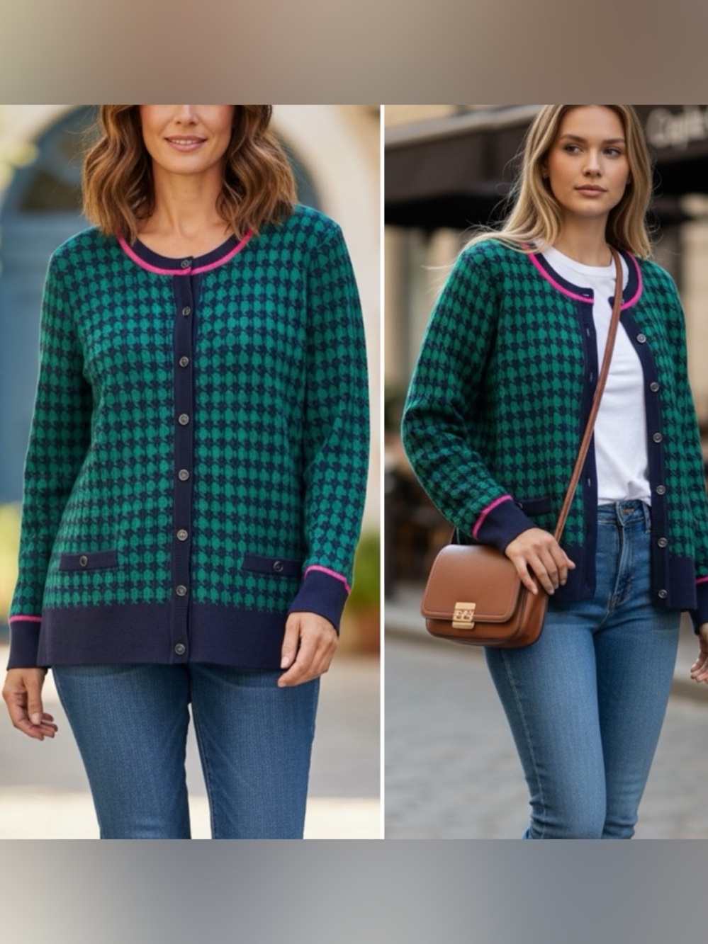 APPLESEED’S SWEATER/CARDIGAN. SIZE XL BUTTONED, NAVY/GREEN HOUNDSTOOTH, VINTAGE